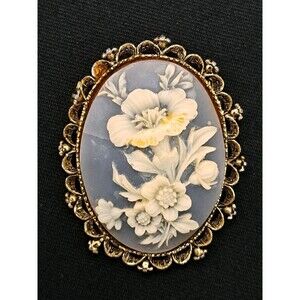 Vintage Gerry’s Lt Blue Cameo Large Raised Floral Intricate Carving Signed FLAW